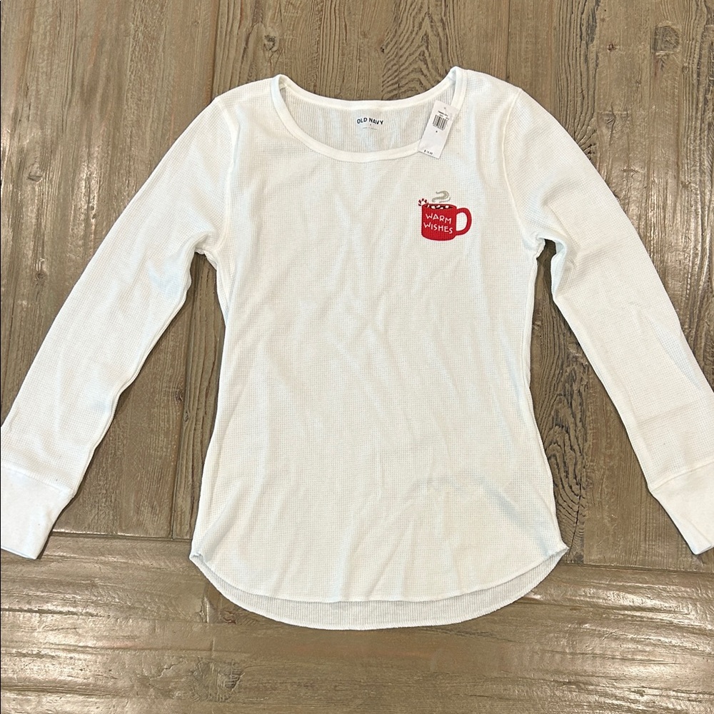 Old Navy Waffle Knit White Long Sleeve Tee with Red Mug Design